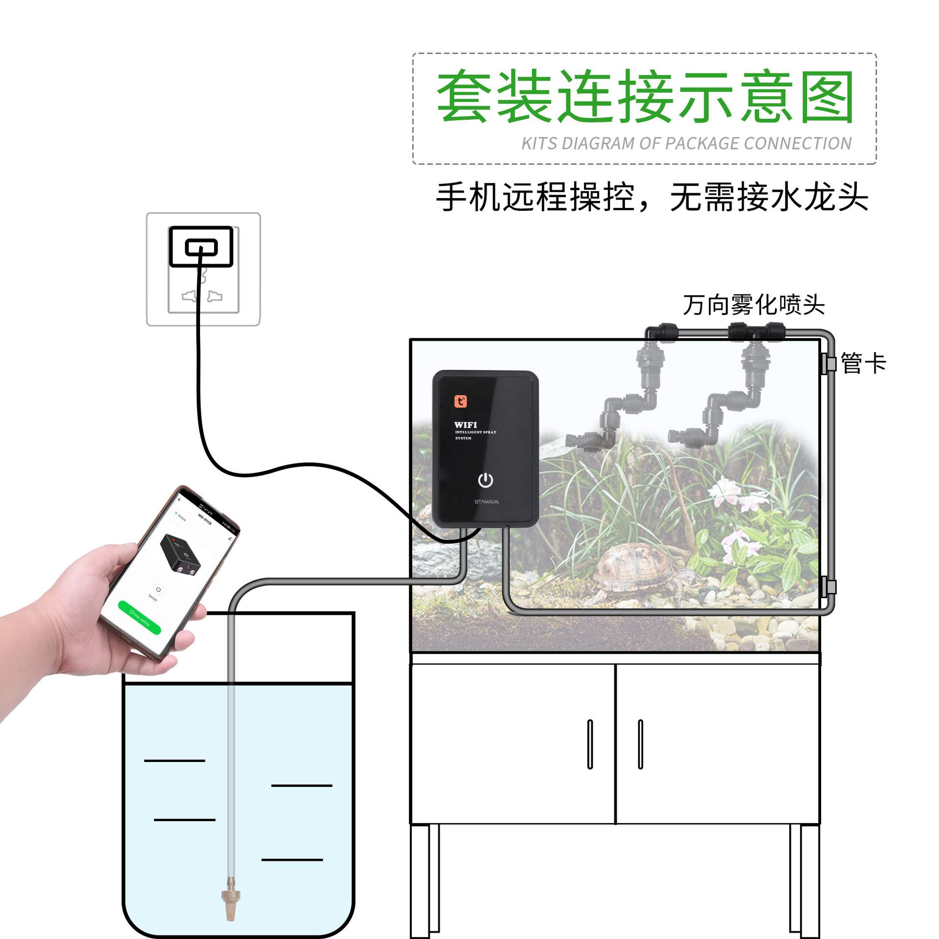 Cross-border WiFi selva cilindro sincronización Sistema de pulverización traje de atomización escalada caja de tortuga mascota inteligente sistema de humidificación por pulverización