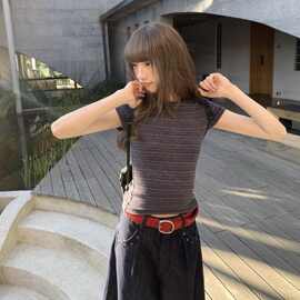 复古风彩条撞色修身短袖T恤女2026新款夏季穿搭炸街独特漂亮上衣