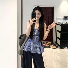 韓国スタイルのホルターネック V ネックノースリーブキャミソール女性のデザインウエスト気質チェック柄シャツトップ夏の新しいスタイル