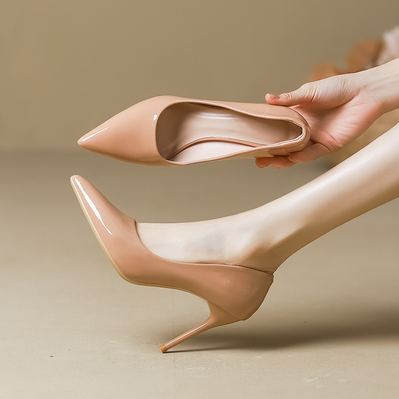Nude High Heels Women's Pointed Toe 2025 New Elegant Black Spring, Autumn and Winter Bed Patent Leather Black Flats Stiletto Heels