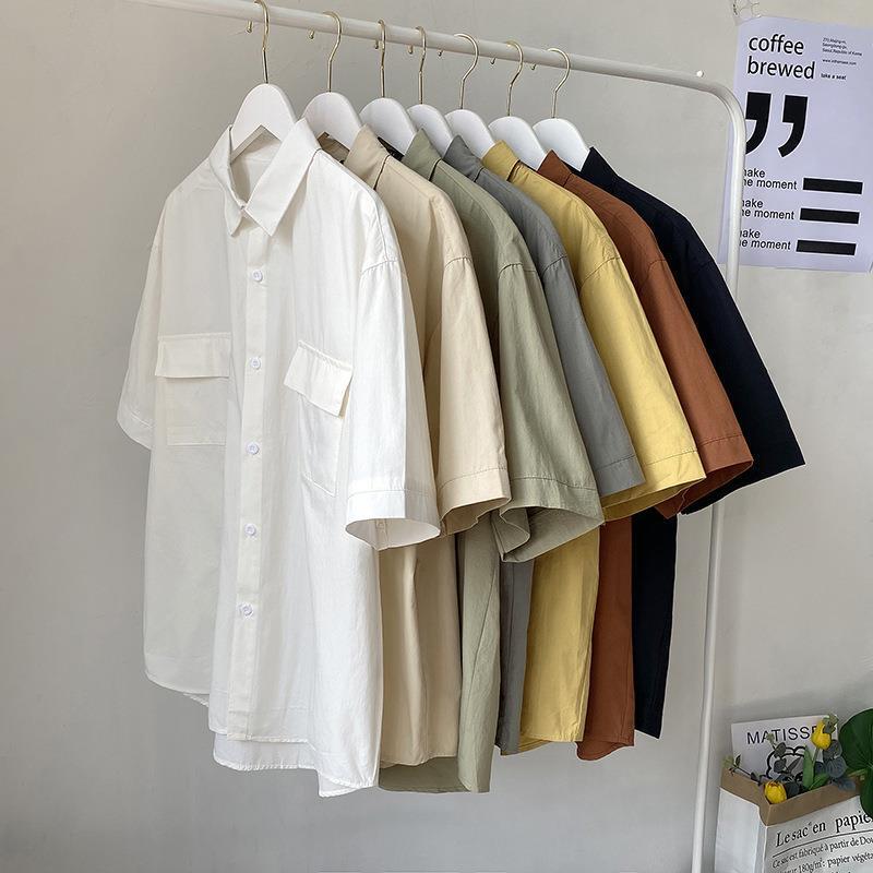 Summer Solid Color Short-Sleeved Shirt Men's Loose Japanese Workwear Three-Quarter Sleeve Top Hong Kong Style White Trendy Half-Sleeved Shirt