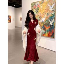 新中式国风改良蝴蝶刺绣提花旗袍女冬季高级感气质收腰显瘦连衣裙