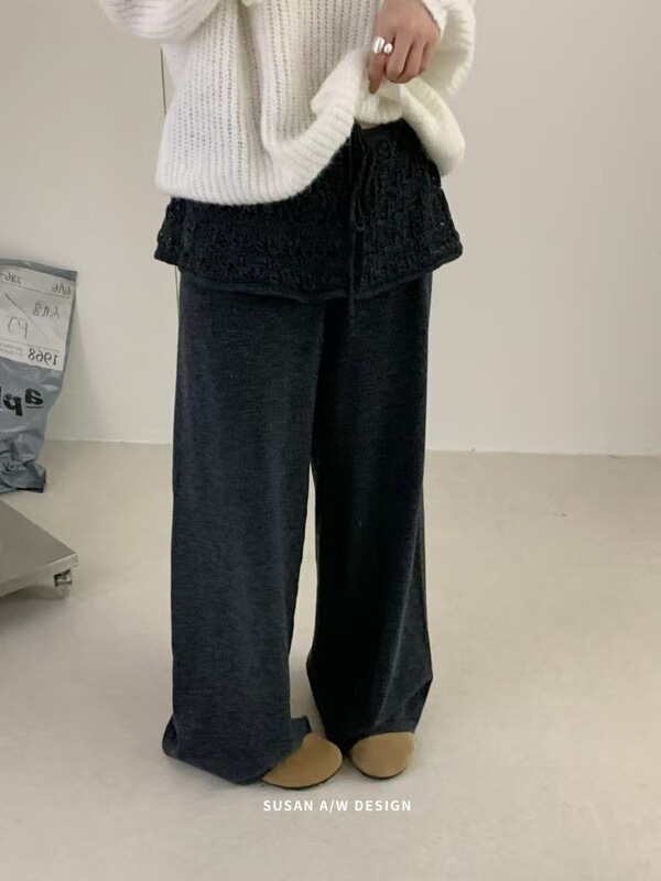 苏珊 韩系镂空花边屁帘阔腿裤女秋季高腰垂感宽松直筒休闲裤26883|undefined