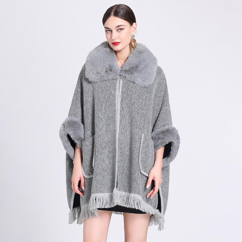 Extra Fleece, extra dicker Umhang mit Pelzkragen, lockerer großer Strickjackenmantel für Damen_voghion.com