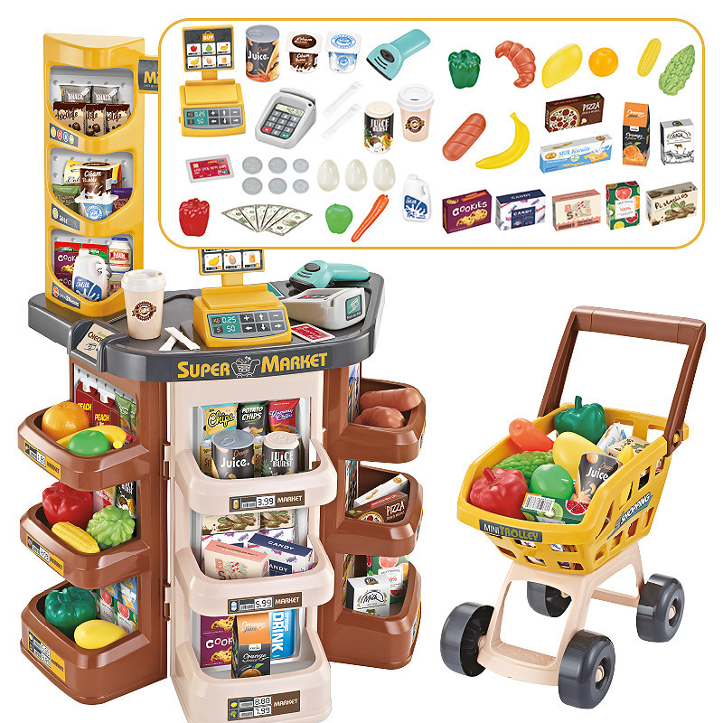 外国貿易児童シミュレーションスーパー販売台ショッピングカートの組み合わせセットはレジのままごとスーパーのおもちゃをスキャンする