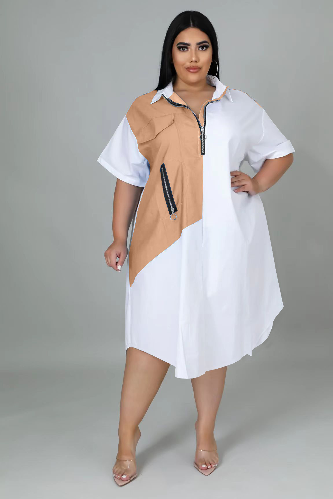 Frau Normales Kleid Lässig V-ausschnitt Reißverschluss Patchwork Kontrastbindung Kurzarm Farbblock Maxi Langes Kleid Täglich display picture 9