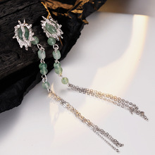 E1241 新中式流苏耳钉女S925纯银纹理绿东陵玉链条可拆卸潮搭配饰