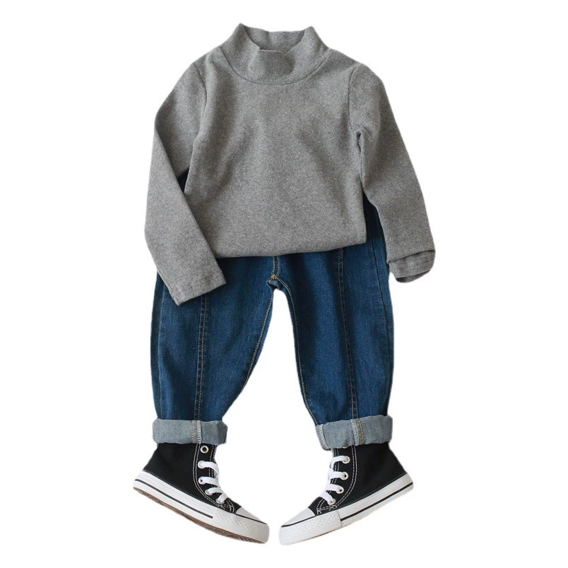 Детская одежда. Осень-зима 20220. Детская однотонная нижняя рубашка со средним воротником. Топ с начесом для мальчиков. Нижняя рубашка с длинными рукавами для девочек.