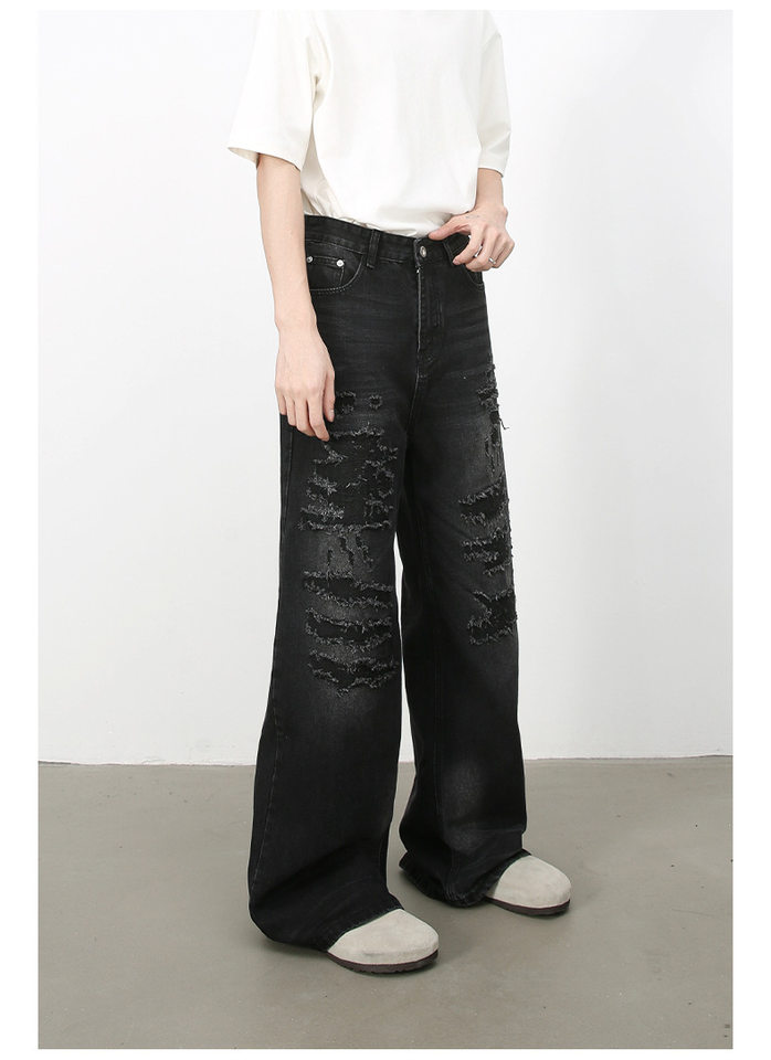 Quần jean nam ống rộng denim rách giặt cũ phong cách đường phố — Màu xanh lam, Đen xám chi tiết 14