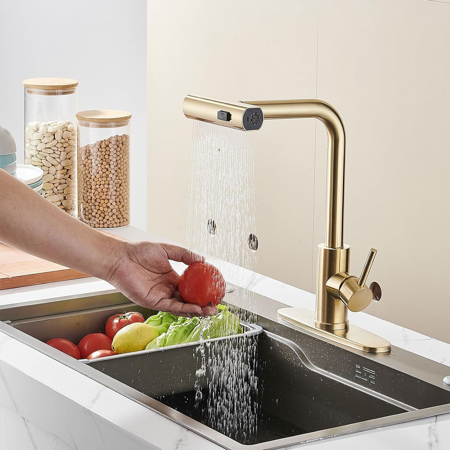 304 stainless steel kitchen brushed gold pull-out faucet, multi-functional waterfall cold and hot water sink faucet undefined