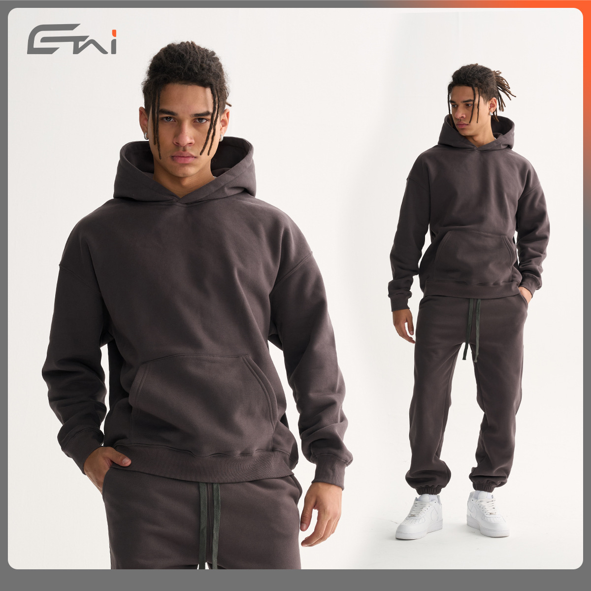 ETAI hombre 380G otoño y invierno con sudadera encapuchada simple color sólido tipo suelto hombre y mujer juego de dos piezas casuales