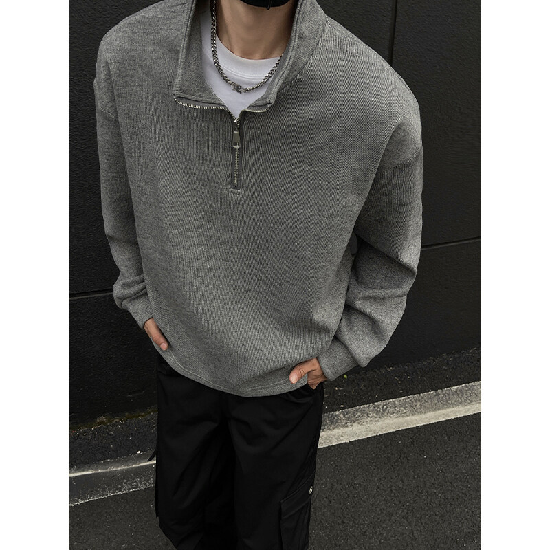 boy Half-Zip Sweatshirt For Men, Autumn Winter Trendy Brand, Fleece-Lined, Thickened, Layered, Long-Sleeve T-Shirt,_voghion.com