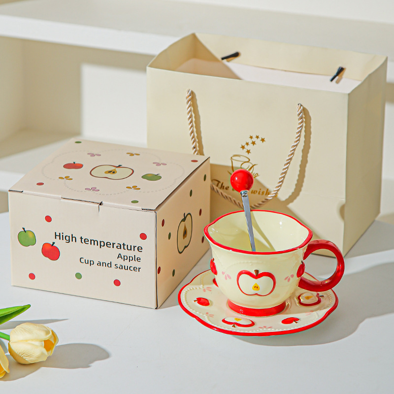 Tazas de café de cerámica de manzana, plato, taza de marca, diseño de relieve pintado a mano original, taza de agua, taza de leche de desayuno
