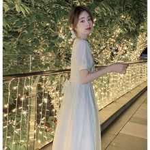 茶歇法式系带蝴蝶结白色连衣裙女夏温柔减龄气质高级感奶甜长裙子