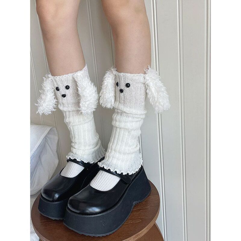 Millennial Y2K Hot Girl Subculture Plush Big-Eared Dog Girl Knitted Leg Warmers Autumn and Winter White Cute Leg Warmers for Women