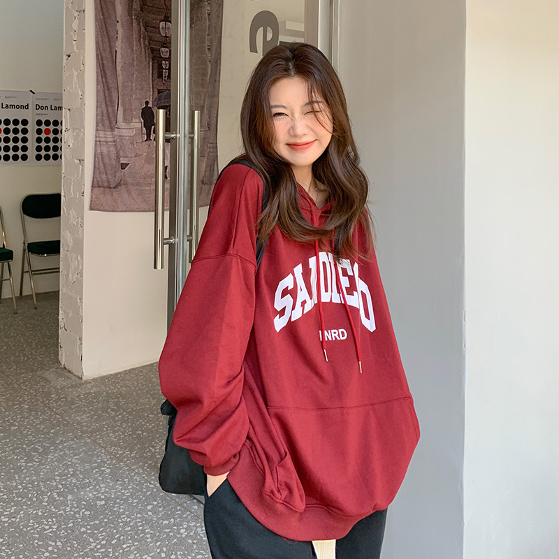 美术复古oversize设计感小众红色连帽卫衣女秋冬新款情侣装外套潮