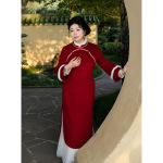 52047国风新中式旗袍裙2025冬季新款高端大气红色年轻款大码旗袍