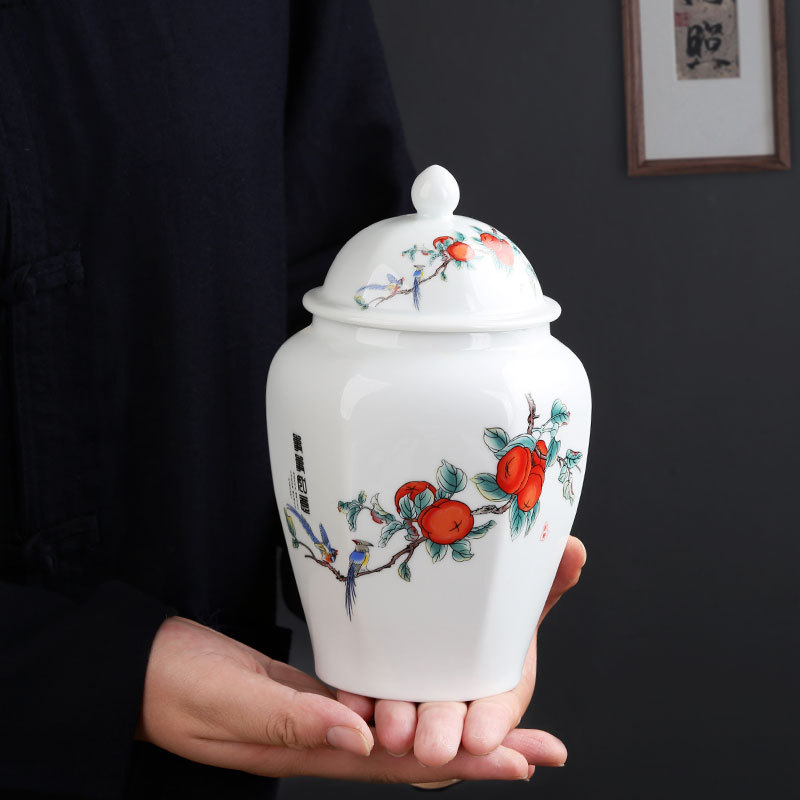 Porcelain Tea Can with Ink Wash Style Great Wall Theme, Home Storage Can with Seal, Ge Kiln Retro Tea Can with Fabric Box Gift Set