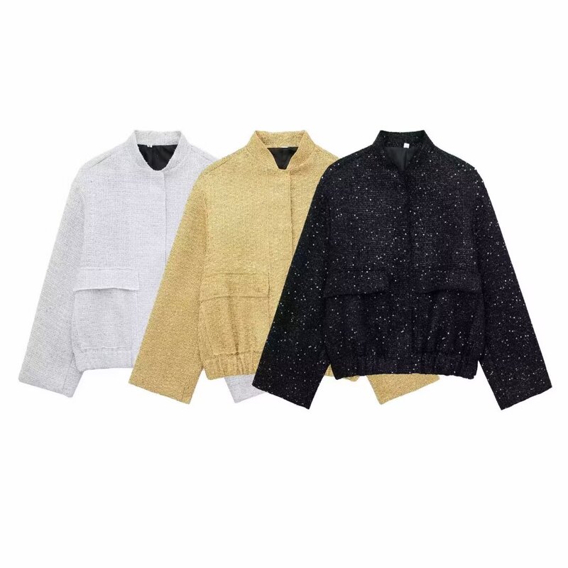 Cross-Border Foreign Trade 2026 European and American Style New Women's Clothing Stand Collar Loose Bomber Jacket Chanel-Style Sequin Embellished Coat