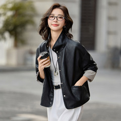 专柜绵羊皮皮衣女2025春秋新款时尚拼接皮夹克气质百搭小个子外套