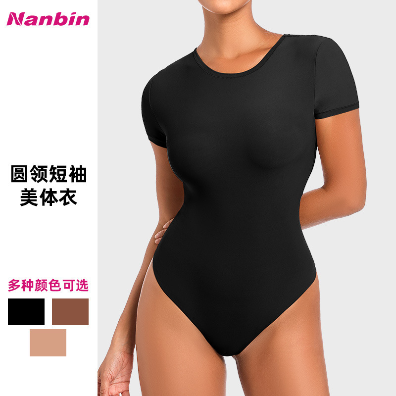 Factory Direct Sales Shaping Foreign Trade Sk Waist-Slimming Bodysuit T-Shirt Double-Layer Misty Tummy Control Short-Sleeve Bodysuit for Women