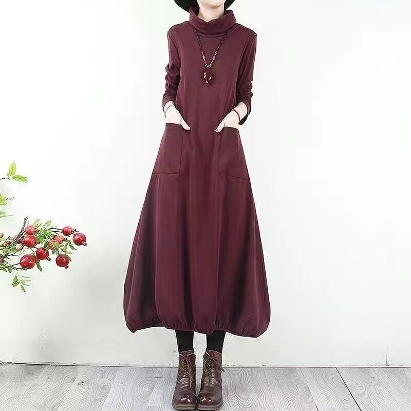 Long-sleeved dress for women 2026 spring and autumn new vintage high-neck plus-size loose slimming mid-length dress Long-sleeved dress for women 2026 spring and autumn new vintage high-neck plus-size loose slimming mid-length dress