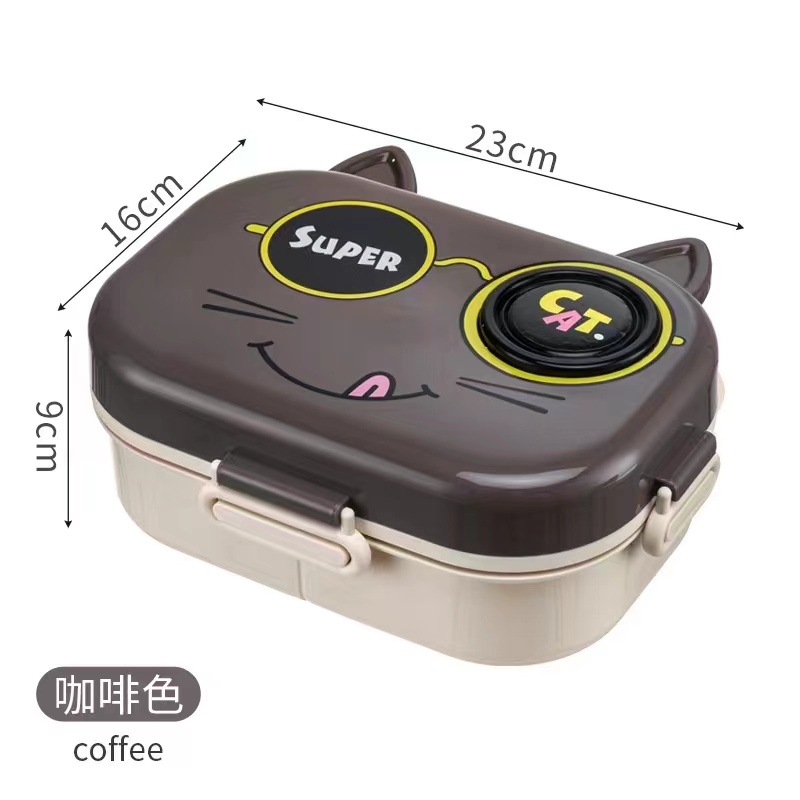 Caja de almuerzo para niños de dibujos animados gatos sellado con taza de salsa a prueba de fugas para estudiantes calentamiento de microondas de doble capa caja de almuerzo dividida