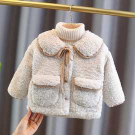 宝宝羊羔绒外套韩版2023小香风韩版洋气娃娃领中款单排扣儿童外套