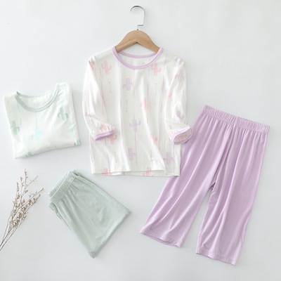 春夏新款女童莫代尔家居套装中童女宝夏季空调服七分袖裤薄款套服|ms