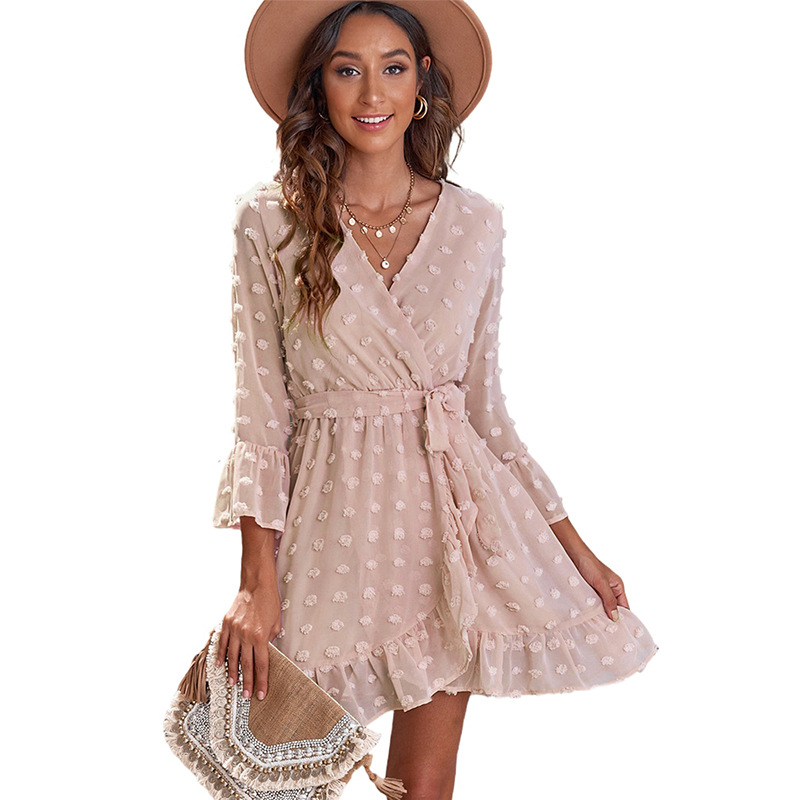 时颖欧美雪纺连衣裙2022夏新款亚马逊纯色蕾丝拼接v领荷叶边短裙