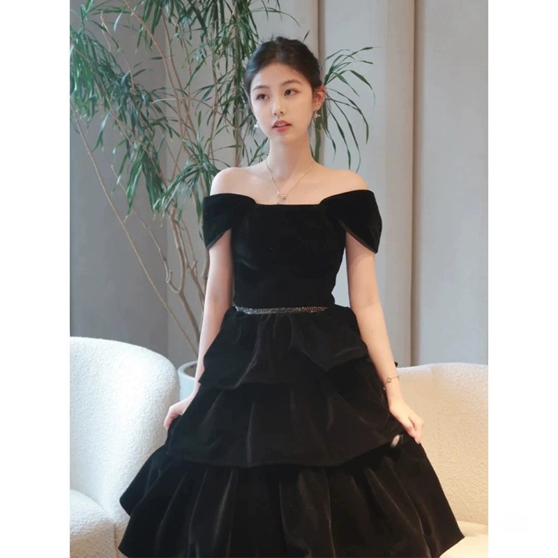 Black Adult Birthday Dress, Off-Shoulder Student Art Exam Ball Gown, Cake Dress, Stage Host Elegant Performance Costume
