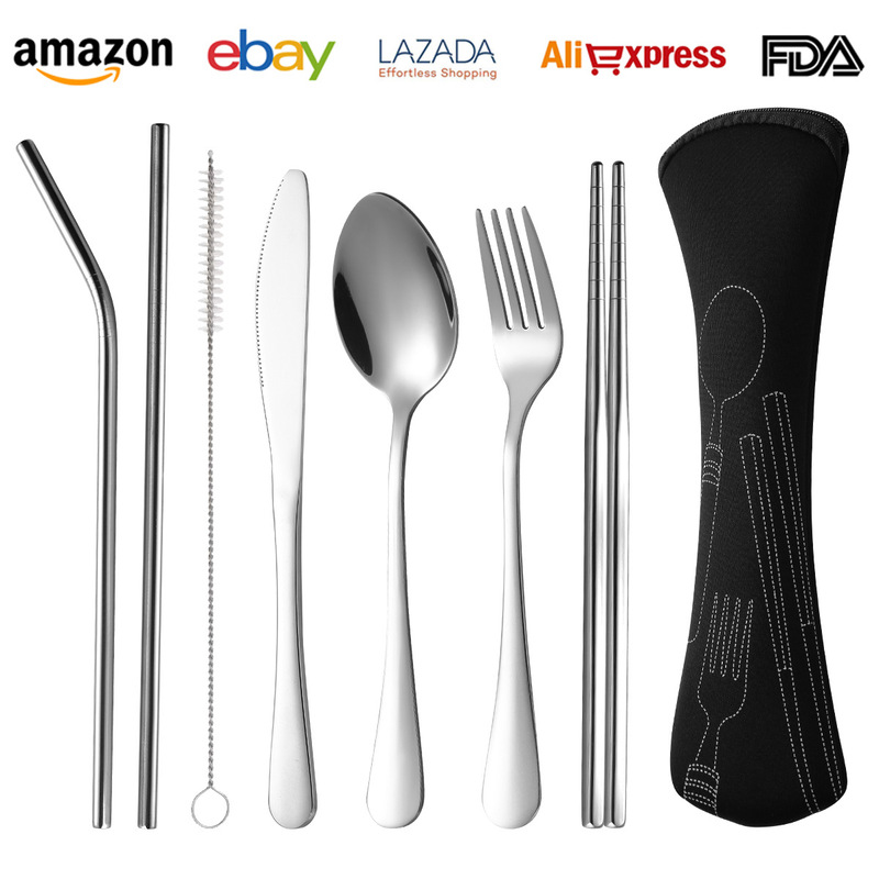 Cross-border stainless steel tableware suit 1010 knife fork spoon chopsticks straw 8-piece set student travel portable gift suit