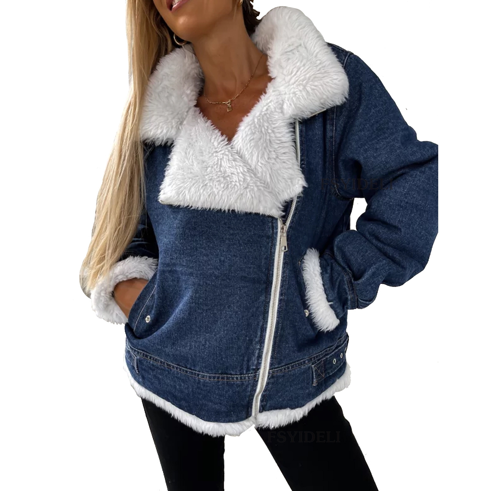 Damenmantel aus unregelmäßiger Denim-Lammwolle mit Nähten, lockerer Samt-Jeansmantel_voghion.com