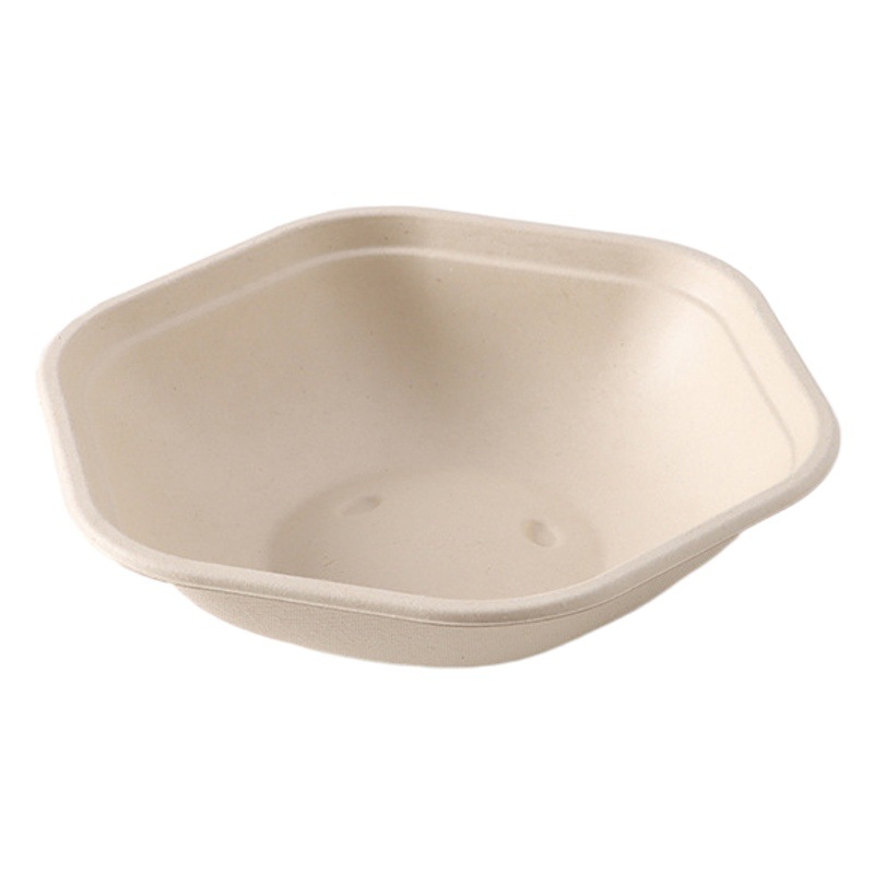 Caja de almuerzo de pulpa hexagonal desechable en stock degradable para llevar caja de embalaje de alimentos ligeros ensaladera engrosada tazón hexagonal