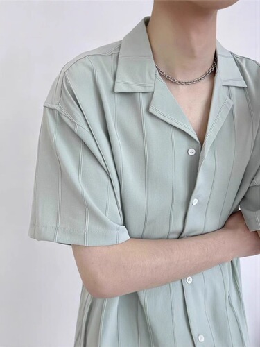Guava Striped Shirt Men's Short Sleeve Summer Thin Ice Silk Loose Iron-Free Design Semi-Sleeve Shirt