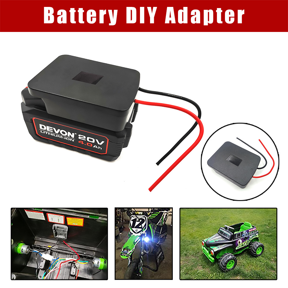 The Great DEV has a 20V lithium battery DE20v DIY converter with electronic wire output, used for modifying devices.