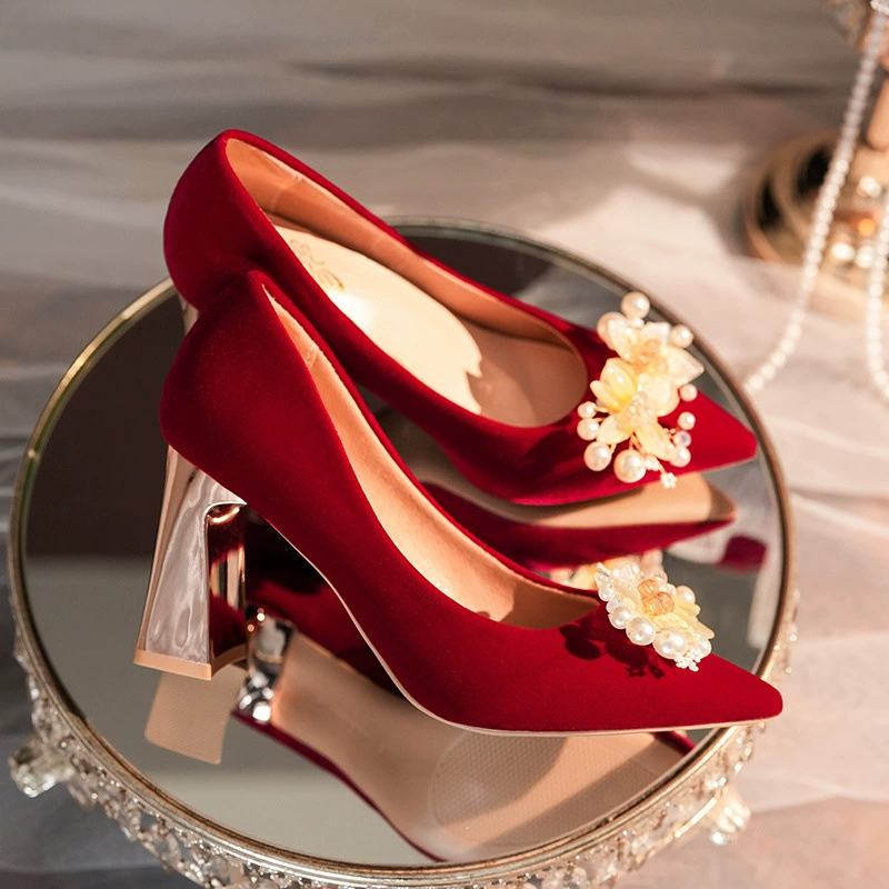 Red wedding shoes, 2024 years, flowered, Chinese style