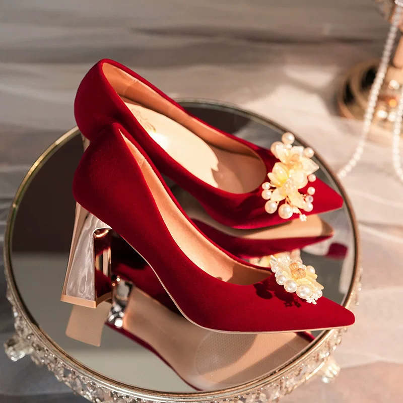Red wedding shoes, 2024 years, flowered, Chinese style