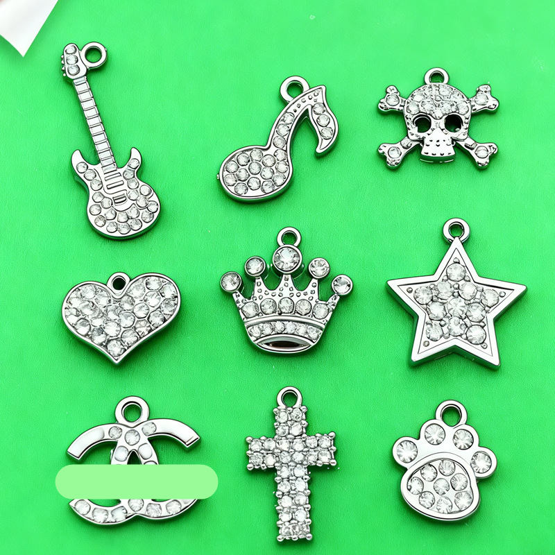 Full Diamond Pendant Guitar Note Skull Peach Heart Crown Five-Pointed Star Cross Claw DIY Small Pendant Necklace Pendant