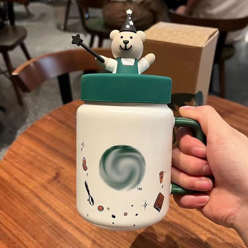 Star Daddy Mason Bear Mug with Silicone Lid, Ceramic Cup, High-Value Couple's Coffee Cup, Milk Cup