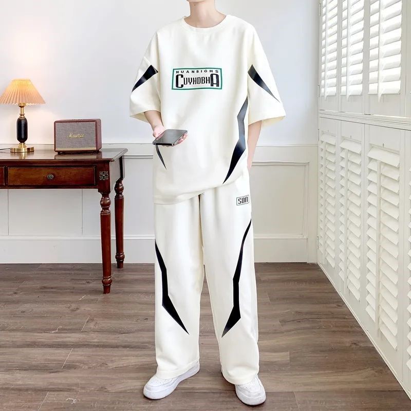 Men's Summer Casual Sports Suit Short Sleeved Trendy Fashion For Teenagers High School Students Cool Stylish Long Pants_viptrois.com