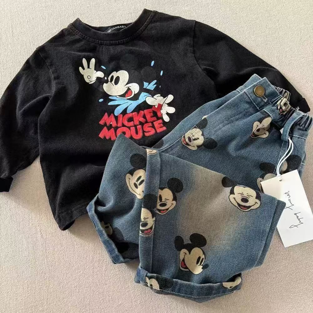Boys and Girls Spring Korean Cartoon Print Jeans Children's Stylish Versatile Casual Pants Baby Long Pants Trendy Loose