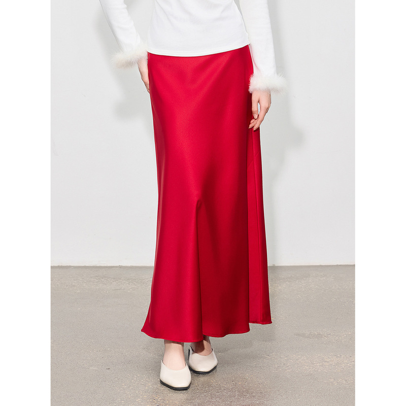 【Zhihetang】High-Waisted Satin Acetate Skirt 2026 Spring/Summer Bodycon Fishtail A-Line Long Skirt Ice Cream Color