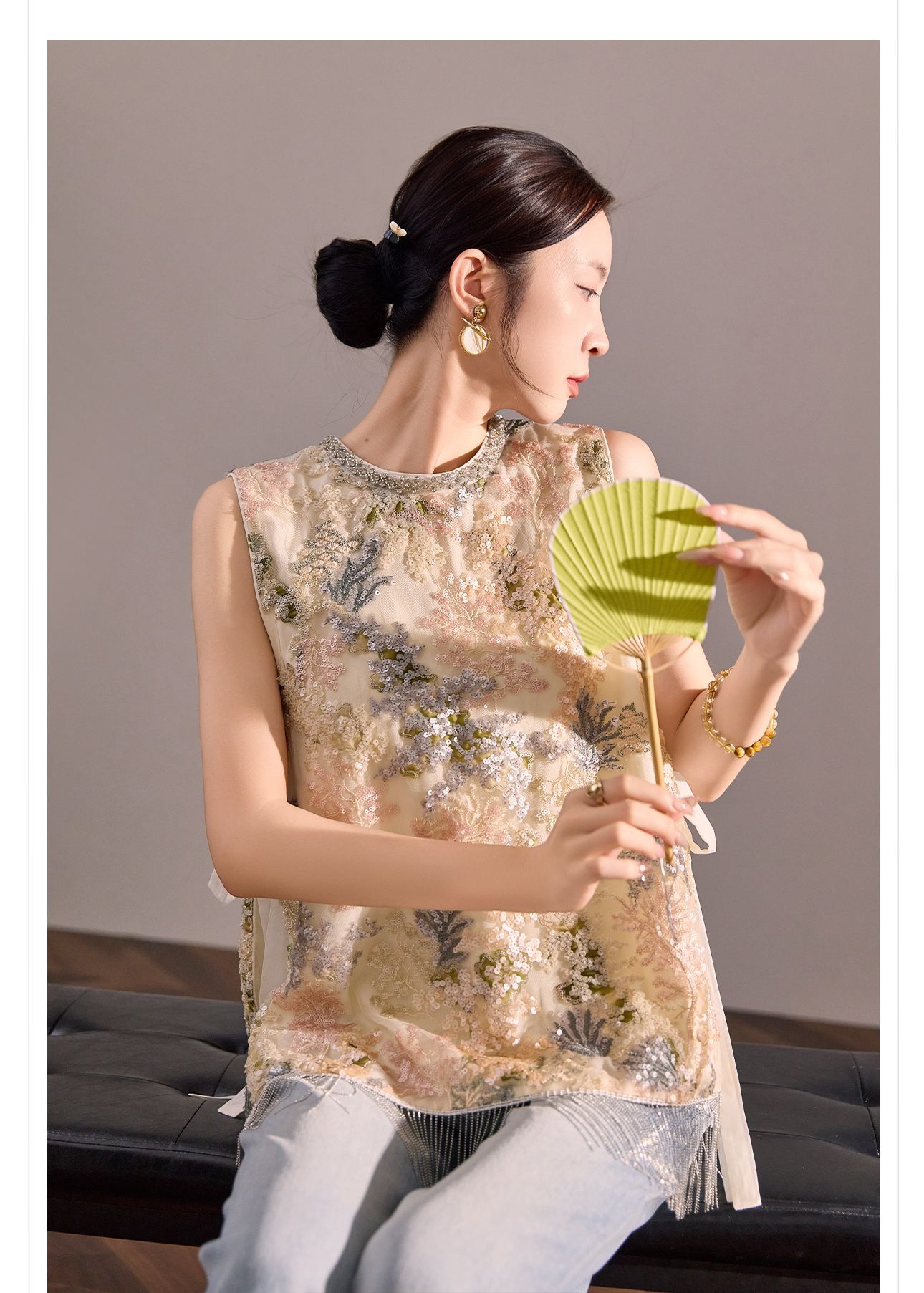 Áo hai dây nữ phong cách Trung Hoa đính tua rua sequin cổ đá N5058 — Màu hồng be chi tiết 7