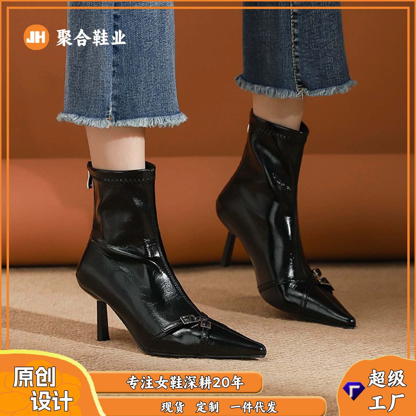 10086-2 модные тощие сапоги с заострением блестящие сапоги на высоком каблуке осенние новые кожаные пряжки на каблуках женские сапоги