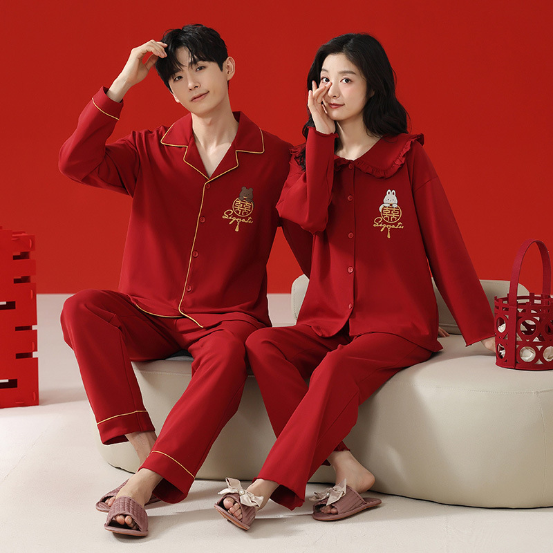 (2개) 커플 파자마 레드 긴팔 정장 순면 여성 봄 가을 남성 신혼 가을 겨울 조디악 연도 홈 의류