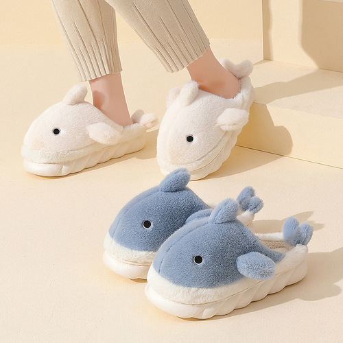 Home Furry Slippers for Women Winter Cute Whale Slippers for Home Men's Plush Thick-soled Cotton Slippers for Men Wholesale