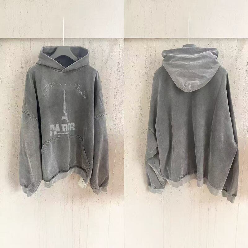 Paris B Brand Eiffel Tower Print Washed Vintage Hooded Sweatshirt, Loose Fit Unisex Hoodie, Wholesale Paris Balenciaga Sweatshirt