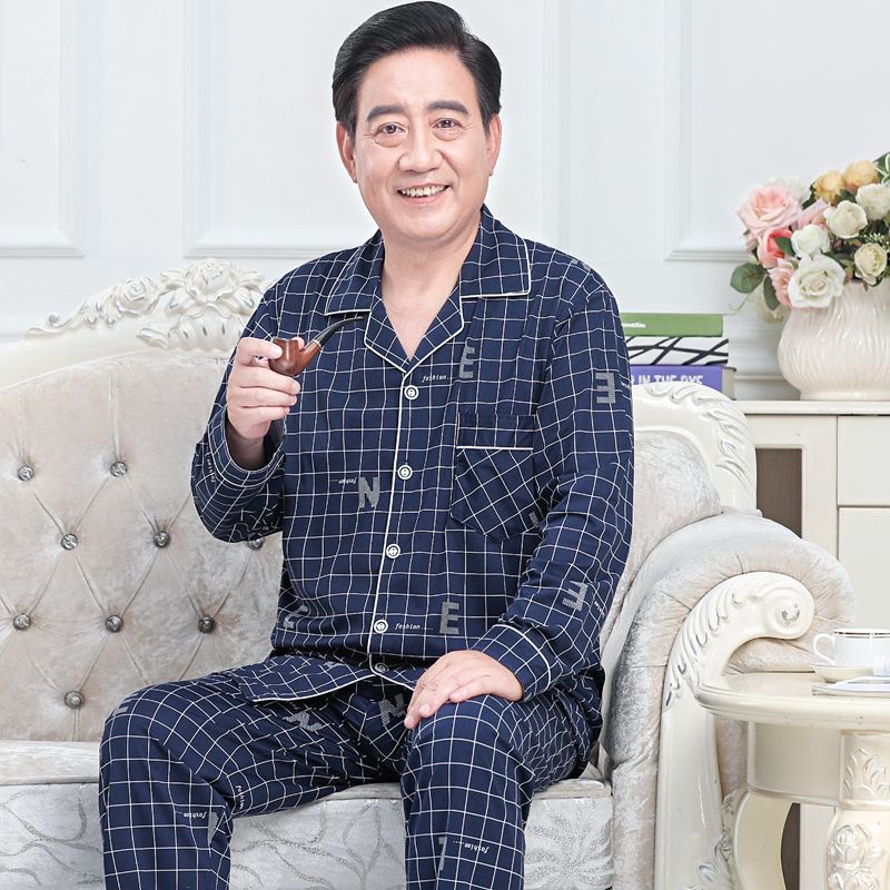 Pijamas de mediana edad y ancianos hombres 100% algodón primavera y otoño manga larga otoño e invierno más tamaño viejo papá traje de uso doméstico