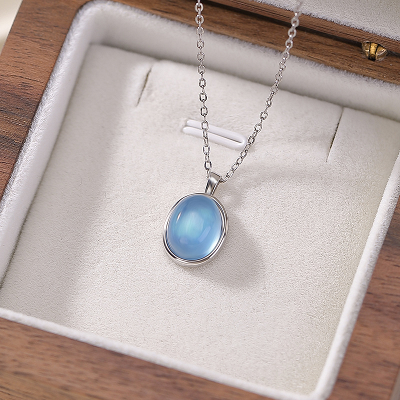 Mặt dây chuyền bạc S925 hình trứng aquamarine phong cách Hàn Quốc — Mặt dây chuyền đơn (không bao gồm dây chuyền)